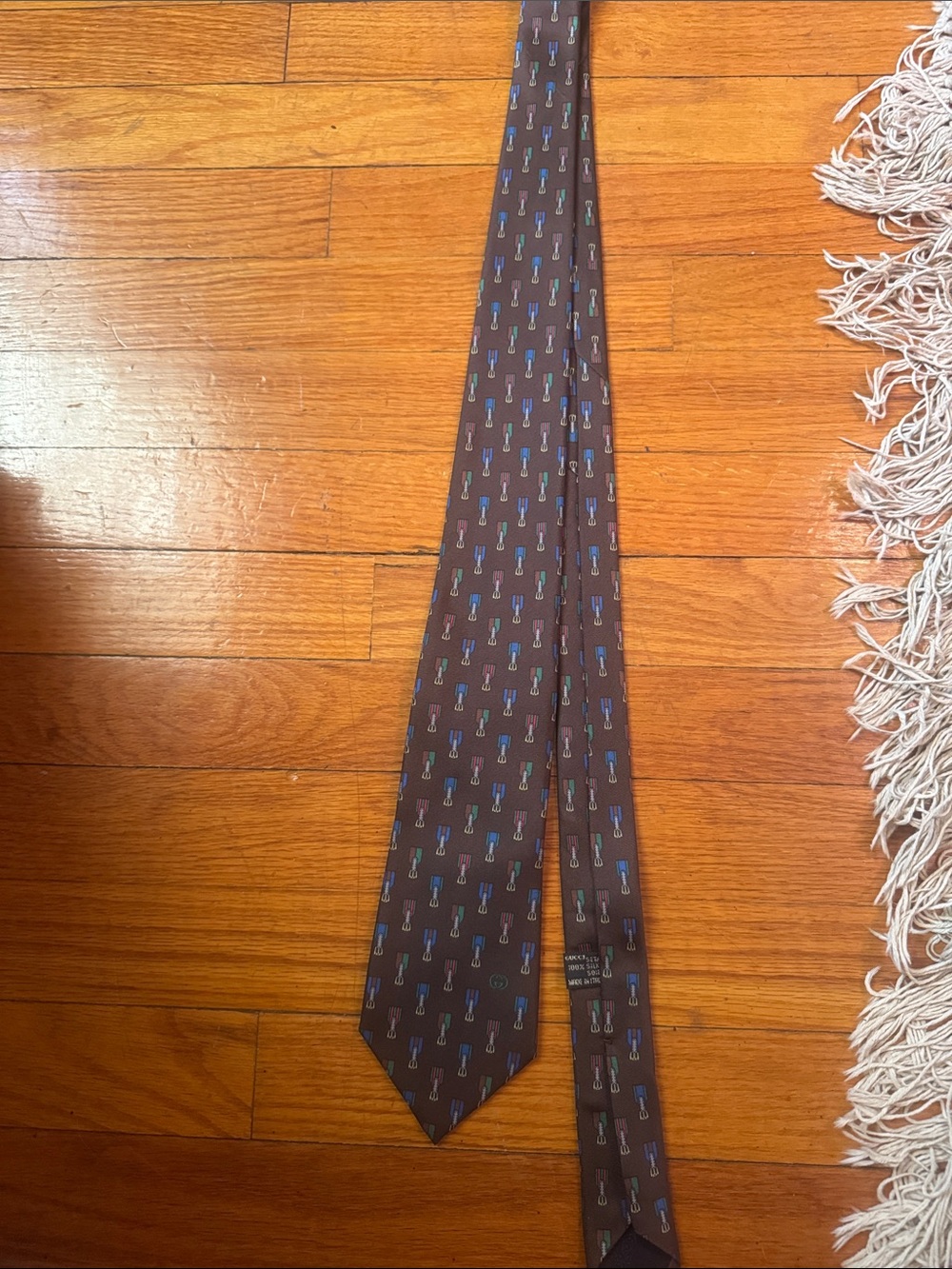 Gucci Brown Silk Tie with Blue Pattern